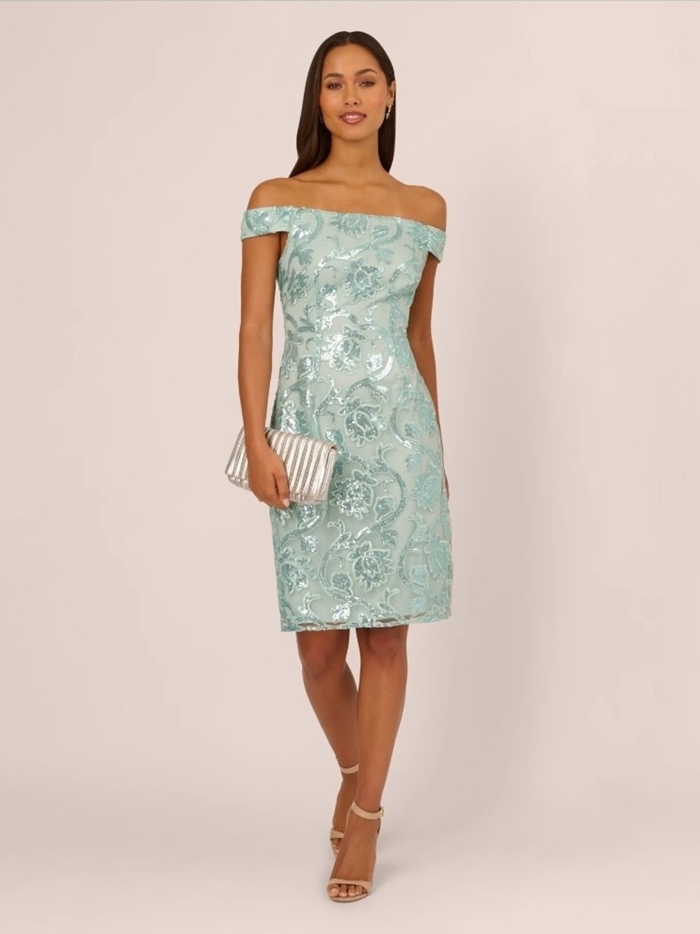 Adrianna Papell Off Shoulder Sequin Sheath Dress In Aqua Dust Cocktail Size 2